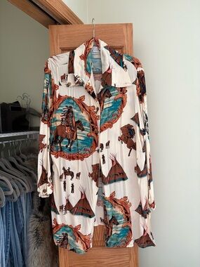 White Vintage Button-Up Blouse with Southwestern Print